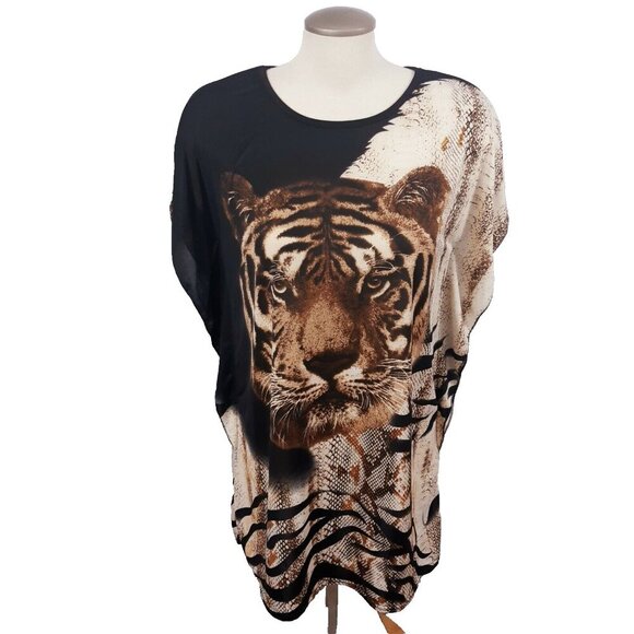 Womens Graphic Tunic Top Size Med Tiger Face All Over Photo Print Beach Cover Up - Picture 2 of 6